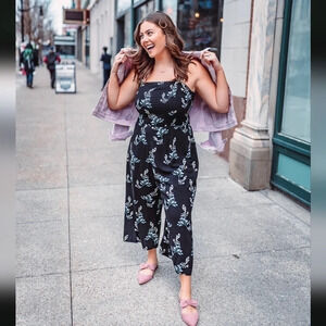 LOFT Wide Leg Floral Branch Black Yellow Blue Wide Leg Jumpsuit Small Petite SP